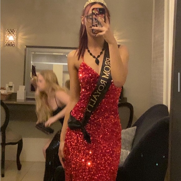 Red Sequined Prom Dress with Slit! - Picture 2 of 4